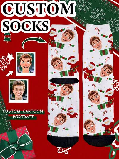 1 Pair Unisex Custom Cartoon Portrait & Christmas Pattern (Santa, Gifts, Candy Canes) Design, White & Black Soft Knit Fabric Comfortable & Festive Personalized Socks For Christmas & Gift Occasions
