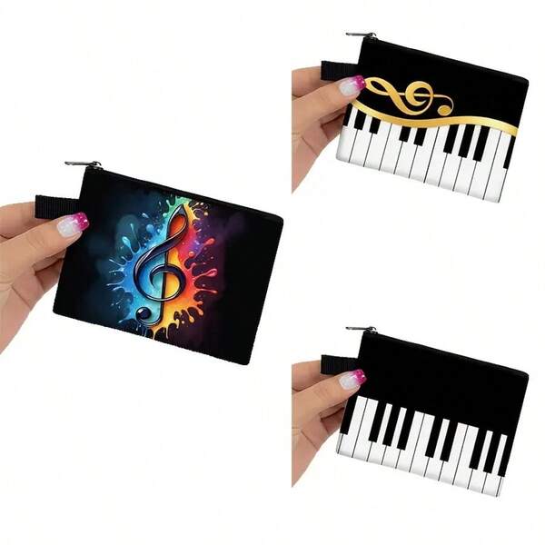 1 pieza Monedero elegante con estampado de nota musical y teclado de piano, monedero con cremallera, organizador de tarjetas de crédito y auriculares para mujeres y adolescentes, cartera de viaje, cartera de monedas