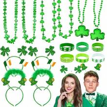 St. Patrick's Day Accessories Set, Clover Bead Necklace, Clover Flag Headband, Rubber Bracelet, St. Patrick's Party Gift, Irish Party Supplies, St. Patrick's Day Accessories, Suitable For Role Playing, Parties, Gatherings. Suitable For Friends To Dress Up