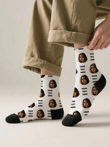 1PC Unisex Custom Portrait And Text Pattern White And Black Comfortable Casual Socks, Suitable For Daily Wear, Available In Multiple Colors, An Excellent Gift For Friends On Birthdays And Holidays