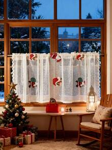 1 pieza Cortina de puerta semi-transparente con bordado de campana de Navidad y ojal para barra - Arte tejido vintage, para todo el año, fácil de colgar y lavable a máquina