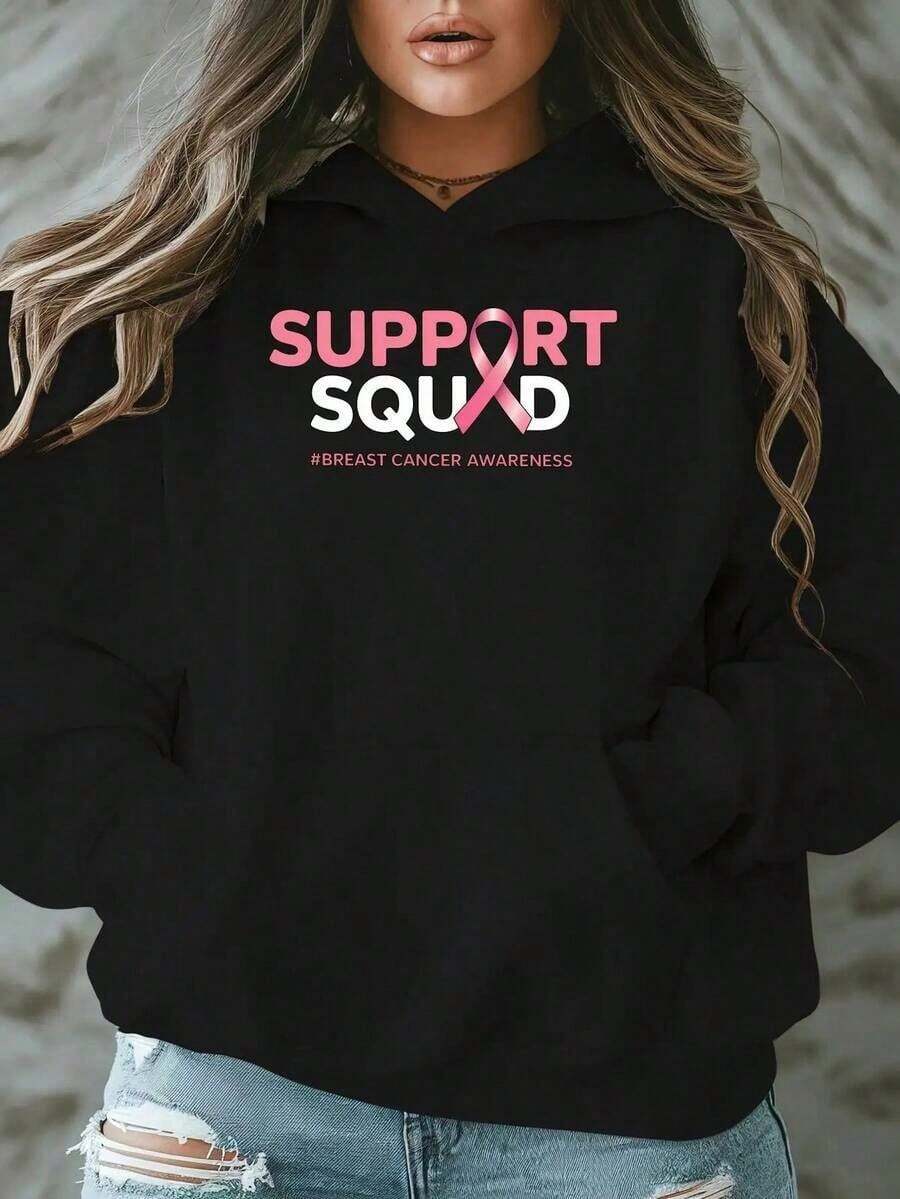 Men 's "Support Squad" Breast Cancer Awareness Hoodie - Comfortable Long Sleeve Pullover, Pink Striped Design, Casual Autumn Winter Wear, Loose Fit With Pockets, Breast Cancer Awareness Clothing | Loose Fit Hoodie | Comfortable Pullover, Breast Cancer Awareness Shirt - White And Navy Off-The-Shoulder Cropped Top,Fall Hoodies,Men's Fall Clothes,Street Wear,Halloween,Mens Hoodies,Y2k Clothes,Jesus Hoodie,Thanksgiving Day,Nightmare Before Christmas,Christmas - 黑色 - 查看 1
