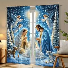 2-Piece Festive Christmas Decor Window Curtains, Digital Print With Christmas Jesus Was Born And Christmas Tree Snowy Landscape, Christmas Window Curtain Gift For Bedroom, Living Room, Office, Night Curtain Suitable For General Festivities And Winter Holiday Parties, Perfect For Living Room, Kitchen, Bedroom, And Holiday Winter Decor, Outdoor Christmas Decorations, Rod Pocket Design, Fade-Resistant, Xmas Artistic Style - 樣式-2 - 查看 2
