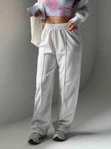 Calças esportivas femininas de cor sólida com cós elástico, calças casuais de corrida e fitness