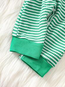 1pc Baby Christmas Tree Embroidery Green & White Striped Jumpsuit, Long Sleeve, Soft & Comfortable - Green - View 7