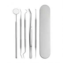 Fabricante de herramientas dentales, herramienta dental, espejo oral de inspección de dientes, sonda, removedor de cálculo dental para uso doméstico - Conjunto de 5 piezas de textura + caja de hierro pequeña - Ver 2