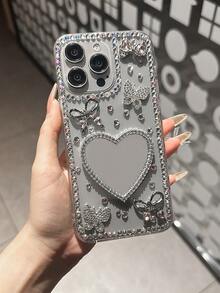Etui na telefon Sheer Luxe Sparkle Edge Mirror Y2K Pink Heart Shimmer Diamond Butterfly Silver Bow Transparent Back Cover kompatybilne z Samsung Galaxy S23 S24 25 Ultra A06 A13 A14 A52 A53 A55 A17 A34 i kompatybilne z 15 12 13 14 16 Plus 17 Pro Max