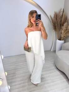 Long Asymmetrical Strapless Pantaloon Jumpsuit Spring Summer - White - View 1