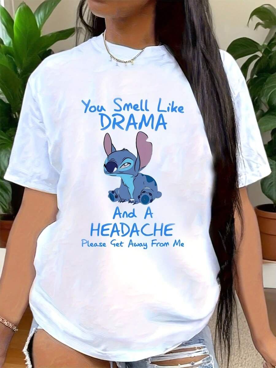 T-Shirt,  Stitch And Lilo Print T-Shirt, Disneyland Shirt, Stitch And Friends Shirt,  Cartoon Character Tee Suitable For Birthday Gifts, Ideal For Daily Activities, Holiday Party, Sports And Travel, 220g - trắng - Xem 1