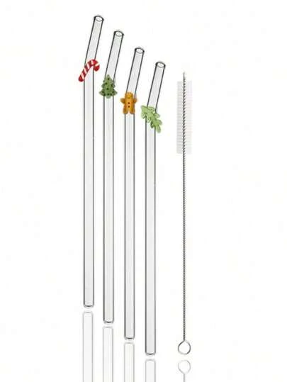 2/5Pcs[Christmas Limited Edition]Curved Glass Straw Set | Candy Cane/Christmas Tree/Gingerbread Man/Festive Foliage Designs | Reusable & Dishwasher (Cleaning Brush Included) | Certified For Bubble Tea/Milk Tea/Cocktails | Drinkware For Holiday Parties|Perfect Christmas & New Year Gifts For Her/Him/Family/Friends | Must-Have For Home & Outdoor Use