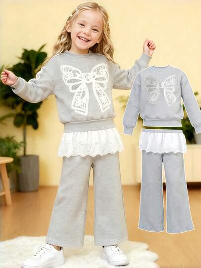 Girls' Sweatshirt Set, Long Sleeve Sweatshirt And Pants 2 Pieces Set, Soft And Comfortable Fabric, Bow Decor, Suitable For 4-7 Years Old, Casual Style, Daily Wear, Girls Autumn/Winter Sweatshirt And Pants Set