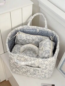 1Pc Floral Print Quilted Storage Basket, Foldable Large Capacity Bag With Handle, Multifunctional Organizer For Cosmetics, Toys, Laundry & Home Decor - Multicolor - View 5