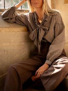 Women's Autumn New Arrivals & Best-Selling Autumn Styles: Casual, Comfortable, Elegant & Retro Plaid Button-Down Shirt With Bow Details (Ideal As Autumn Top/Jacket) - Brown - View 4