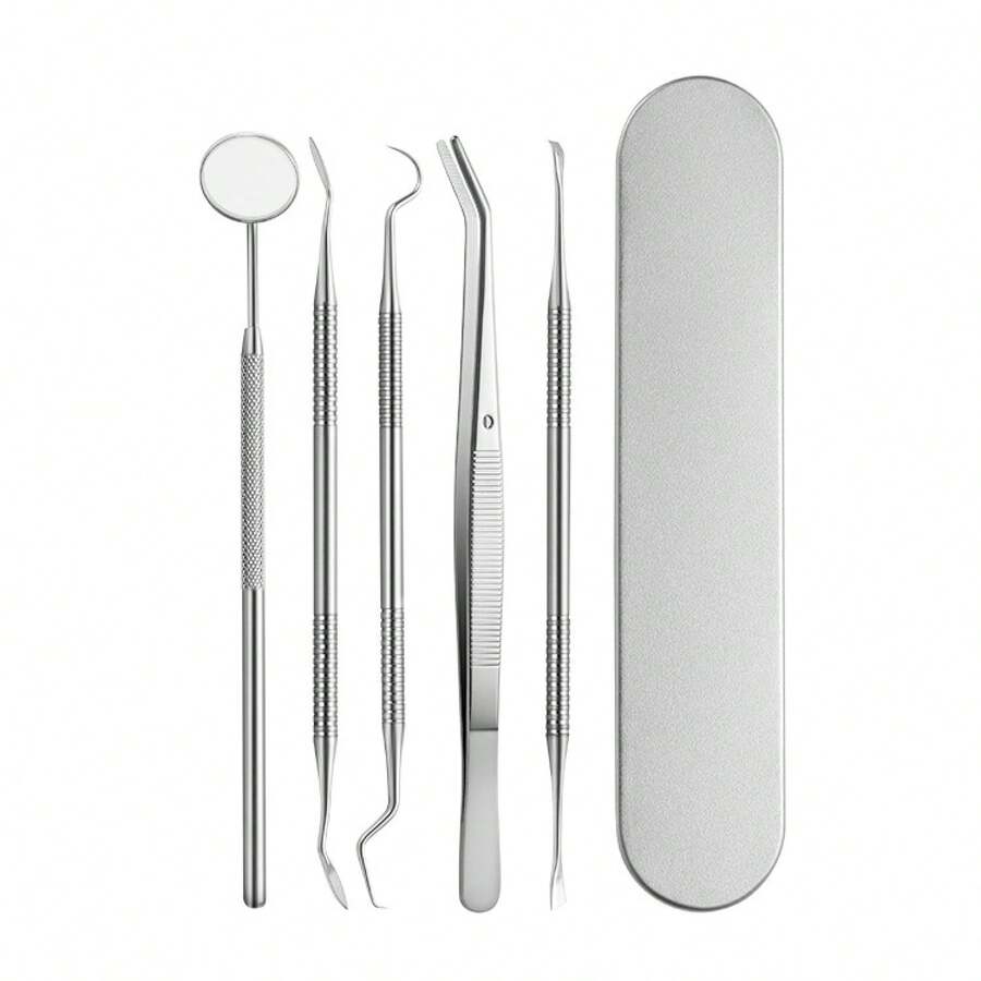 Fabricante de herramientas dentales, herramienta dental, espejo oral de inspección de dientes, sonda, removedor de cálculo dental para uso doméstico - Conjunto de 5 piezas de textura + caja de hierro pequeña - Ver 1