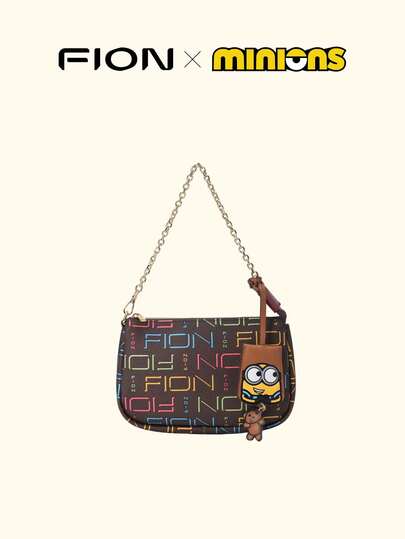  Leather Shoulder Bag for Women Small Clutch Handbag Purse Letter Pattern Underarm Bag Ladies Designer Evening Bag Detachable Chain Strap Wristlet Wallet Bag with Cute Minions Bag Charm