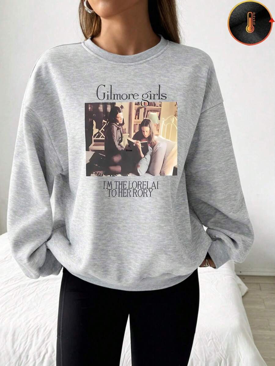 1 pieza Sudadera con cuello redondo para mujer con estampado gráfico inspirado en la serie de TV Lorelai y Rory, cómoda y elegante, parte superior informal, idea de regalo para fans - Gris claro - Ver 1