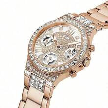 Guess Reloj de mujer elegante analógico multifunción de cuarzo GW0464L2 con caja con cristales y correa de acero inoxidable dorado, reloj de lujo para mujer adecuado para fiesta, uso diario, decoración y regalo de vacaciones para mujeres GW0320L3