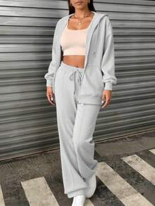 2 件纯色休闲拉链连帽衫套装，适合海滩、办公室、运动、家居、街头、春季、秋季、冬季、毕业典礼、返校、女教师、秋装、冬装、万圣节服装、沙特国庆节服装 - 淺花灰 - 查看 5