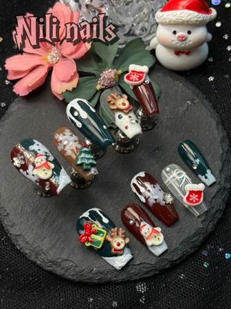 10pcs Handmade Fully Covered Fake Nail Sets,Coffin Nails HandmadePress On Nails.Red& Green&Brown Handmade Snowflake White French Tip Nails, 3D Christmas Snowman&Christmas Tree Excellent Worksmanship Suitable For New Year&Christmas Parties With 1 Mini Nail File And 1 Double-Sided Adhesive Label