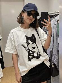 2YK Retro Aesthetic T-Shirt Nineties Rock Cat Kitten Rocker Vintage - trắng - Xem 2