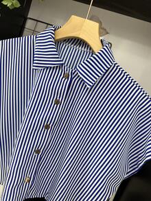 ELLIE Casual Striped Print Loose And Cropped Shirt - 藍色細條紋 - 查看 3