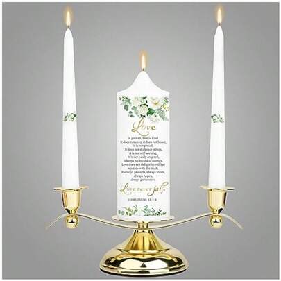 3 Unity Floral Candles For Wedding Ceremony Set With Golden Holder Wedding Accories For Reception