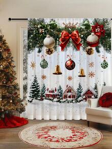 1 buc. Perdea transparentă de Crăciun cu fundă de fulg de zăpadă, material poliester, perdea vaporoasă cu flori aurii de Crăciun, baloane, crengi de pin, brad de Crăciun, potrivită pentru întâlniri de sărbători în sufragerie, petrecere de Crăciun, dormitor, decor de bucătărie, 100g/㎡ decorațiuni de Crăciun decorațiuni de Crăciun decorațiuni de Crăciun decor pentru cameră de acasă decor pentru casă