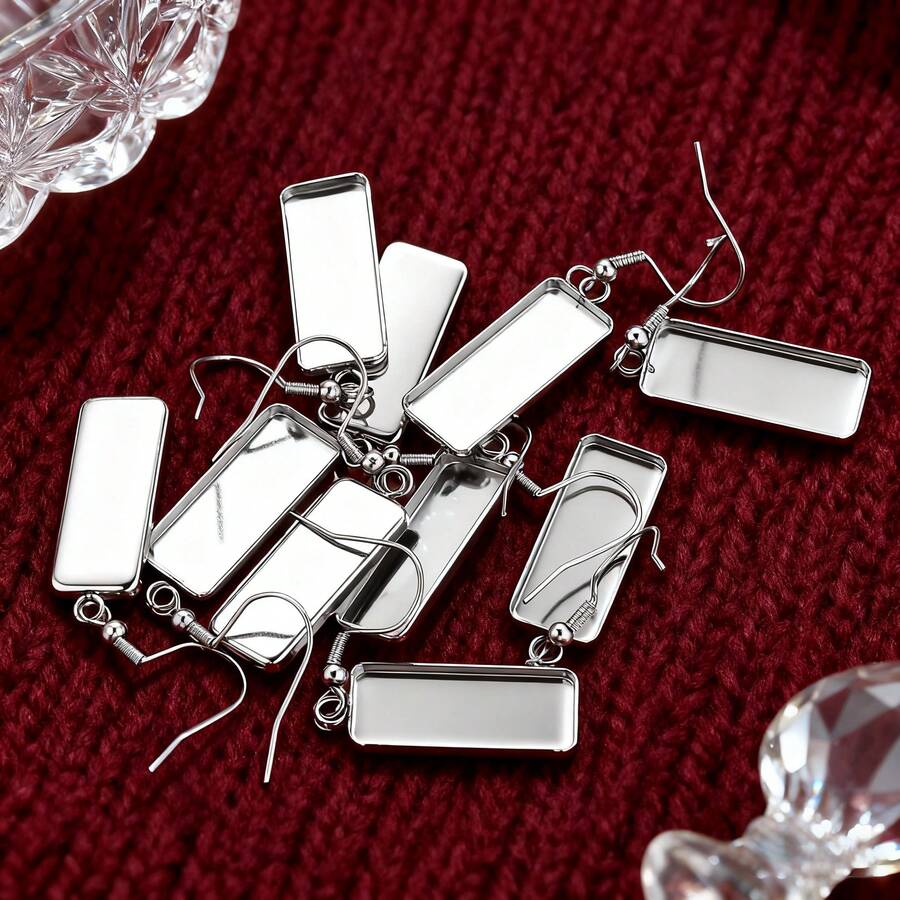 10 件套 304 不锈钢矩形宝石耳钉，凹形矩形空白底座，女士不锈钢首饰耳环托盘 DIY 首饰配件耳钉 - 銀色(#121) - 查看 1