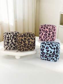 1 Women's Corduroy Leopard Print Menstrual Bag, Classic Mini Makeup Bag, Multi-Color Corduroy Leopard Print Sanitary Napkin Storage Bag, Portable Menstrual Bag, Zipper Sanitary Napkin Bag