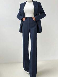 Elegant Daily Business Commute Basic Set: Waist-Cinched Regular Shoulder Long Sleeve Blazer + High-Waisted Flared Leg Pants, Suit Set Spring - Navy Blue - View 4