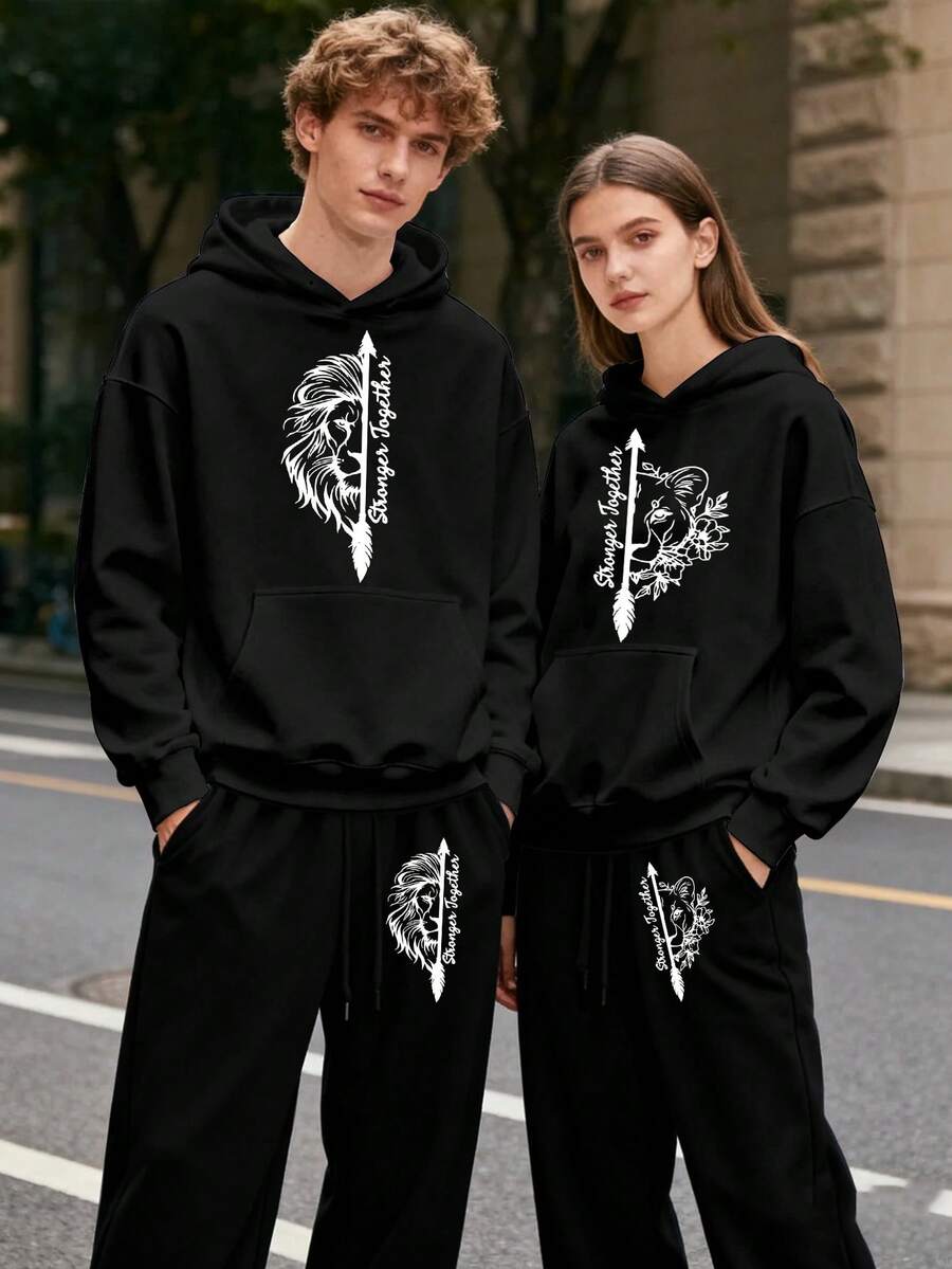 (2PC) Couple's Set Of Fashionable And Casual Printed Hoodies And Sweatpants For Both Men And Women, Autumn And Winter Men's Sportswear, Fashionable And Sportswear Printed, Suitable For Casual Outdoor Sports And Holiday Gift Giving.Lion - 男士-黑色 - 查看 1