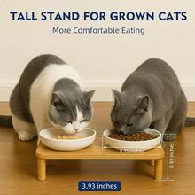 Elevated Cat Bowls For Indoor Cats – Raised Bamboo Cat Food Table With 2 Ceramic Dishes, Adjustable Height (4.25"/3.07"), Whisker Friendly Feeding Station{"Size_name":"Rectangle"} - 長方形 - 查看 3