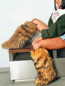 Furry Fluffy Women Mid Calf Boots Warmplush Knee High Flats Luxury Fashion Punk Goth Cosplay Women Winter Shoes For Halloween - màu nâu - Xem 1