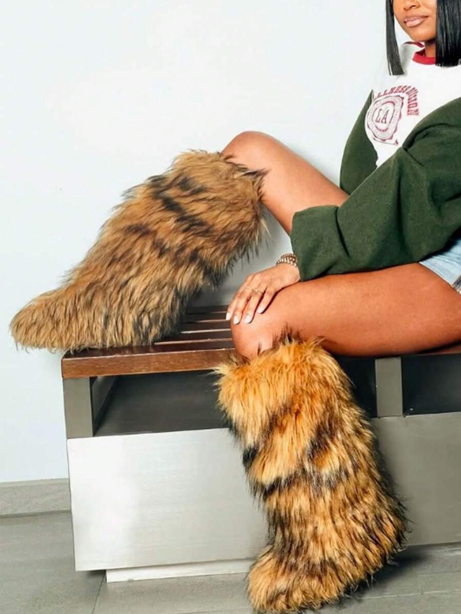 Furry Fluffy Women Mid Calf Boots Warmplush Knee High Flats Luxury Fashion Punk Goth Cosplay Women Winter Shoes For Halloween - màu nâu - Xem 1