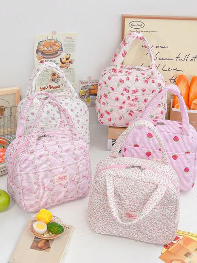 1 Peça Bolsa Térmica Almoço Acolchoada com Laço e Floral, Bolsa Térmica Isolada para Almoço Bento, Bolsa de Armazenamento de Frutas e Alimentos, Bolsa Térmica Reutilizável de Grande Capacidade com Bolsos, Bolsa Térmica Isotérmica Bonita e Estética para Piquenique, Trabalho ou Viagem