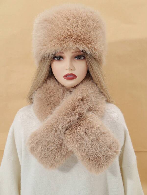 New Classic Faux Fur Soft Fluffy Outdoor Cold-Proof Casual Warm Solid Color Hat And Scarf Set, Autumn/Winter