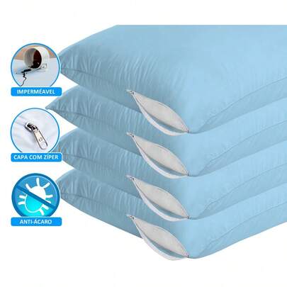 Kit 4 Capa Travesseiro Impermeável Azul 50cm x 70cm Com Zíper e HipoAlergênico