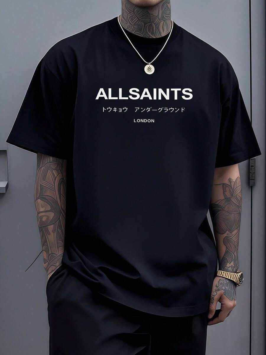 Bold ALLSAINTS Tokyo Underground London Text Graphic Symbolizes Global Urban Culture And Cross City Connection 100% Cotton Men Tshirt - Black - View 1