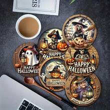 4/6pcs Halloween Pumpkin & Ghoul Round Coasters, Ghost & Witch Design, Holiday Table Decor Heat Insulation Pads, Halloween Decorations, Suitable For Home And Party