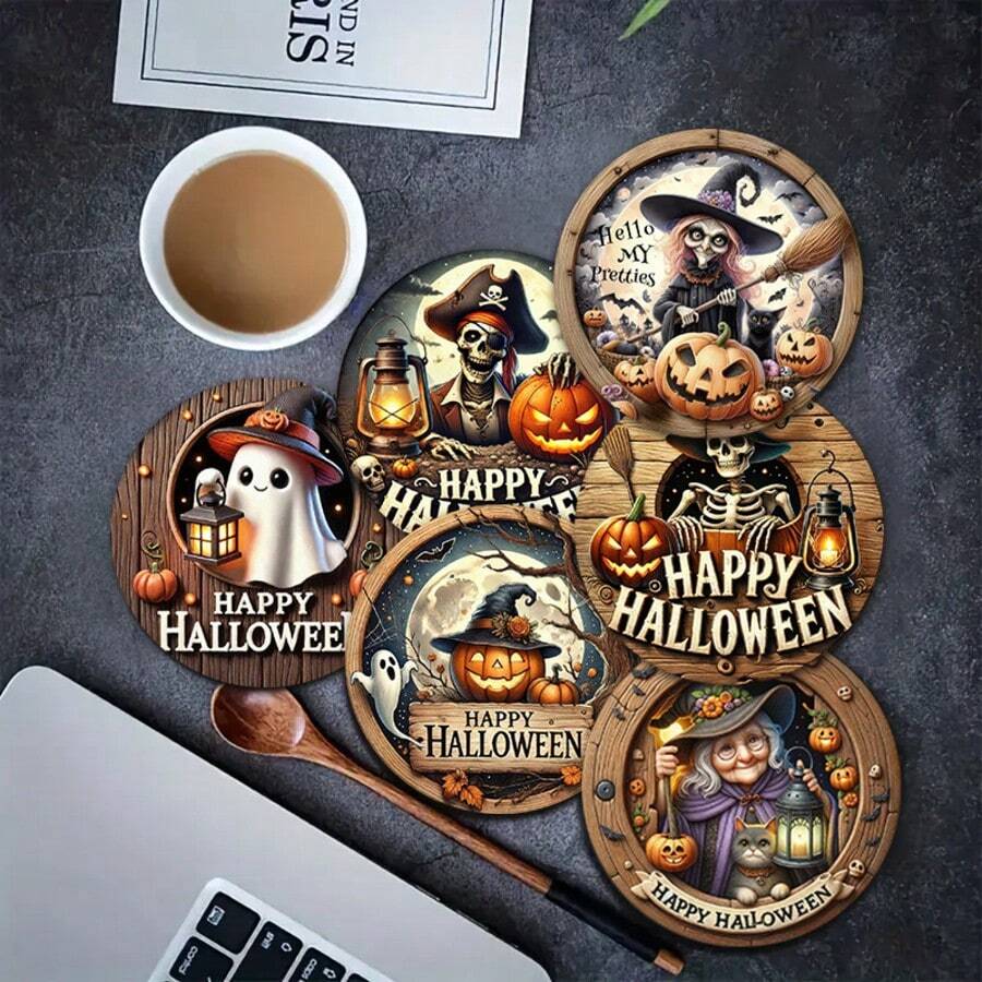 4/6pcs Halloween Pumpkin & Ghoul Round Coasters, Ghost & Witch Design, Holiday Table Decor Heat Insulation Pads, Halloween Decorations, Suitable For Home And Party