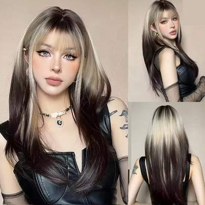 Synthetic 22 Inch Gradient Black With Bangs Graded Straight Hair, Women's Wigs, Suitable For Various Festivals, Halloween, Music Festivals, Etc