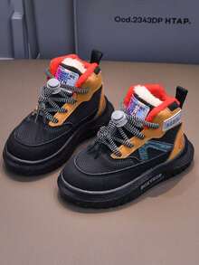 1 Pair Children's High-Top Leather Waterproof Casual Sports Shoes, Boys/Girls Warm Plush Outdoor Student Boots, Snow Boots