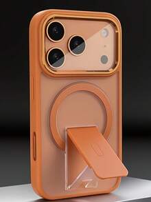 1 件奢华哑光半透明磁性无线充电手机壳带支架适用于 17 Pro Max 16 15 14 13 12 11 Pro Max Plus 金属相机环防震软缓冲硬后盖 - 橘色 - 查看 4