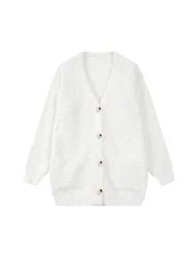 1個 白Vネックニットカーディガン 女性用、オーバーサイズ ルーズフィット、柔らかくあたたかい、秋冬に適しています - ホワイト - チェックする 2