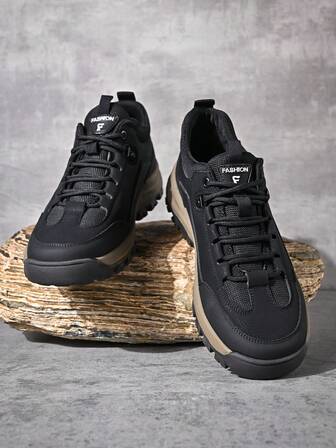 1 双男士圆头系带 PU 皮革鞋面橡胶鞋底舒适低帮休闲运动鞋，适合户外活动