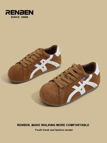 RENBEN 1 Paar Damen Retro Stil Schnürschu he, Beige & Farbblock, Neuheiten Herbst/Winter 2025, versteckter Keilabsatz, leichte weiche Sohle, sportliches Design, geeignet für Studenten und Rennen