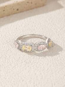 Anillo de plata de ley 925 MODIAN de lujo con rectángulo rosa y amarillo, anillo de eternidad exquisito con cubo de azúcar para mujer, joyería fina - Plateado - Ver 5