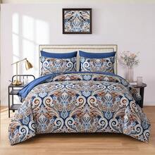 3 Pieces Boho Comforter Set Double Queen King Size,Bed In A Bag Blue Bedding Sets Botanical Microfiber Comforter Soft Lightweight Bed Set With Pillowcases,Halloween Bed Room Decro,Christmas Gifts,All Season - 藍色 - 查看 6