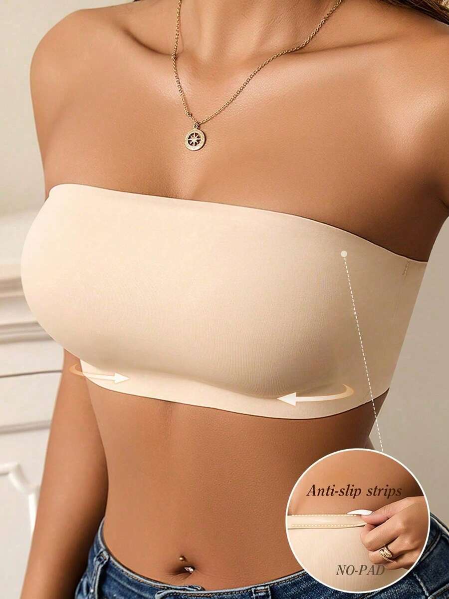 女士无缝露背细肩带文胸，无钢圈无衬垫，舒适透气弹力吊带文胸，完美搭配无肩带连衣裙 - 杏色 - 查看 1
