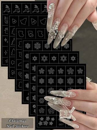 3/6/12张圣诞美甲贴纸，3D雪花驯鹿圣诞老人树铃铛星星美甲贴花，自粘冬季节日美甲贴纸，适合女性女孩DIY美甲装饰